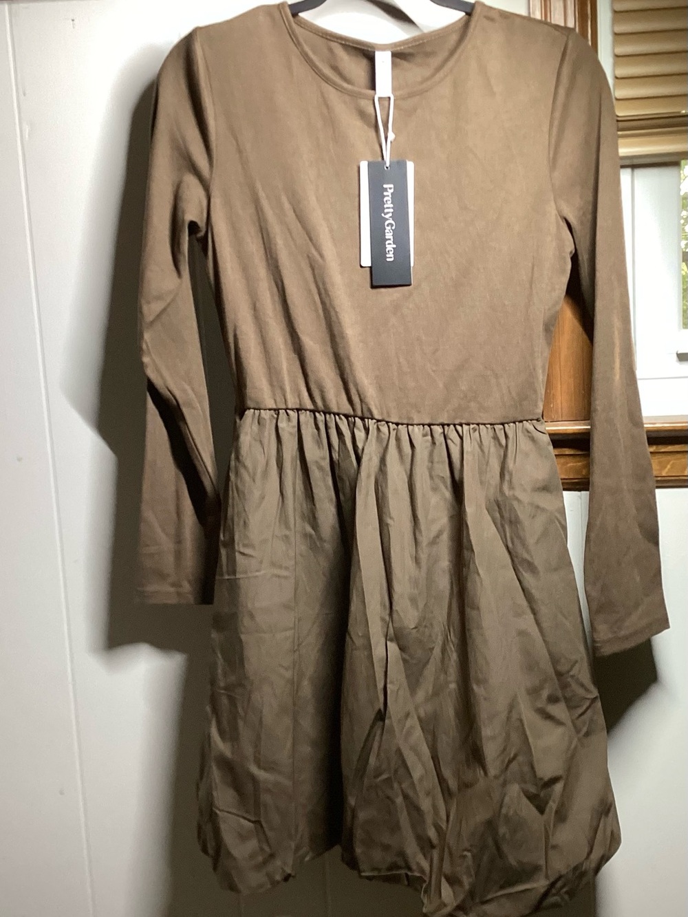 PrettyGarden Long-Sleeve Brown Gathered Waist Dress